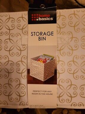 Home Basics White and Gold Scroll Fabric Collapsible Storage Bins, Set of 2